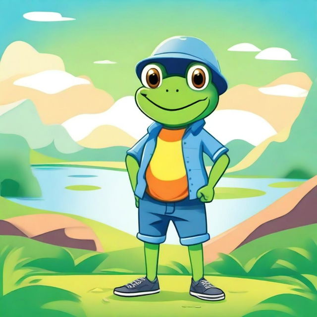 A high-quality 2D cartoon image featuring a frog dressed in casual attire