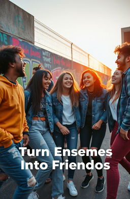 A group of diverse teenagers in a vibrant urban setting, joyfully engaging with each other in a cooperative activity, symbolizing friendship