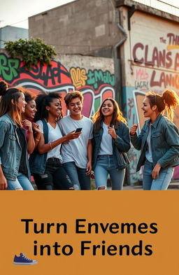 A group of diverse teenagers in a vibrant urban setting, joyfully engaging with each other in a cooperative activity, symbolizing friendship