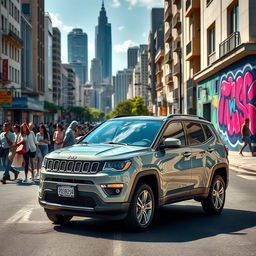 A highly realistic scene featuring a Jeep Compass parked on the vibrant streets of São Paulo, Brazil