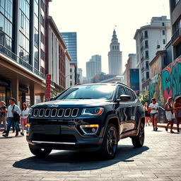 A highly realistic scene featuring a Jeep Compass parked on the vibrant streets of São Paulo, Brazil