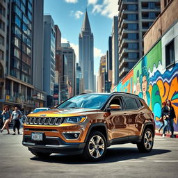 A highly realistic scene featuring a Jeep Compass parked on the vibrant streets of São Paulo, Brazil