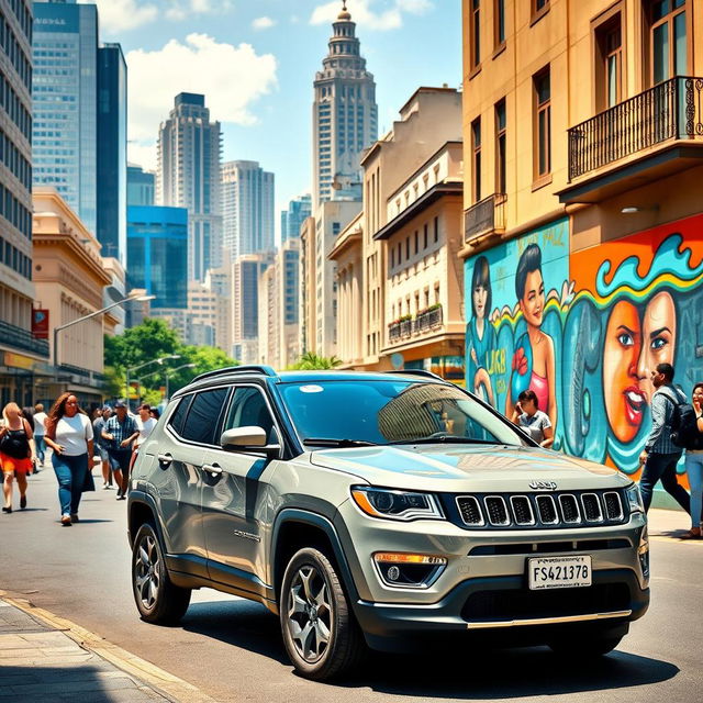 A highly realistic scene featuring a Jeep Compass parked on the vibrant streets of São Paulo, Brazil