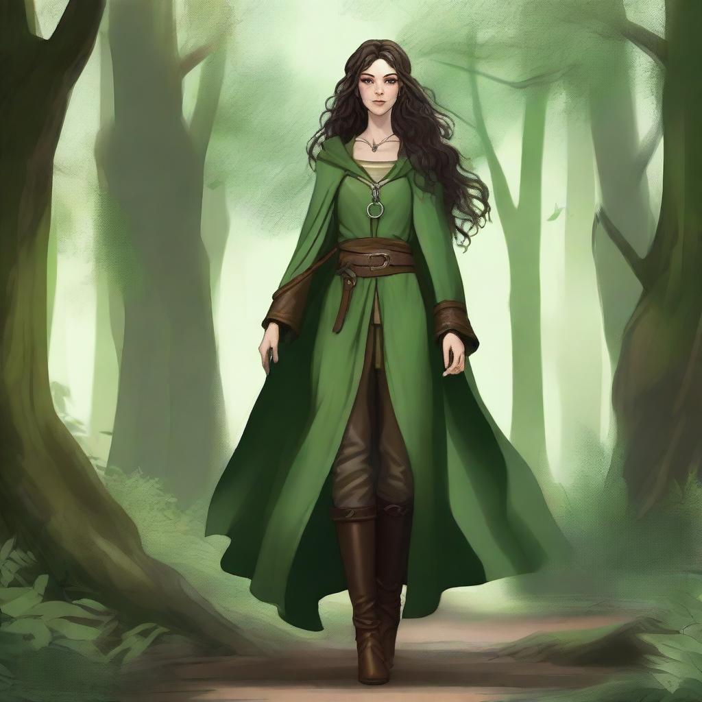 A high-quality digital art image showcasing a young female druid with long, slightly curly dark brown hair and green-brown eyes