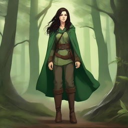 A high-quality digital art image showcasing a young female druid with long, slightly curly dark brown hair and green-brown eyes