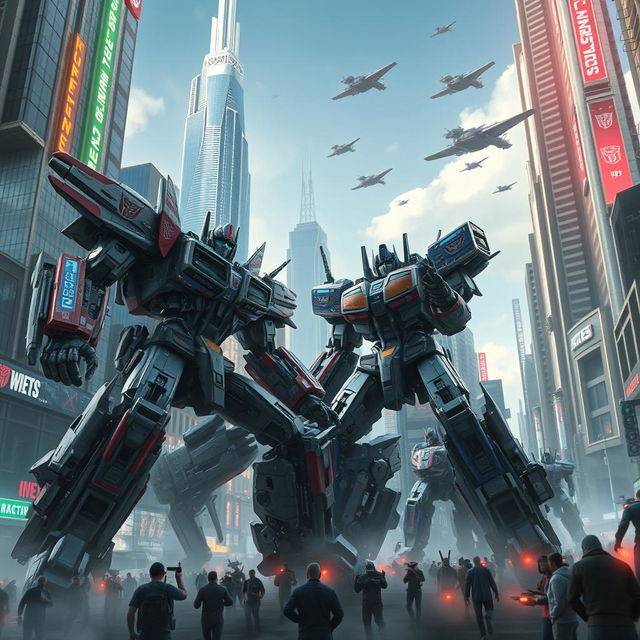 A highly detailed and realistic portrayal of Transformers in a futuristic urban setting