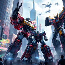 A highly detailed and realistic portrayal of Transformers in a futuristic urban setting