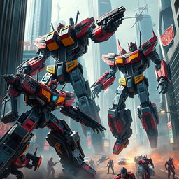 A highly detailed and realistic portrayal of Transformers in a futuristic urban setting
