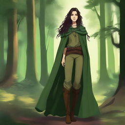 A high-quality digital art image showcasing a young female druid with long, slightly curly dark brown hair and green-brown eyes