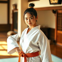 An oriental beautiful karate girl, dressed in a traditional white karate gi, complete with a colored belt representing her skill level