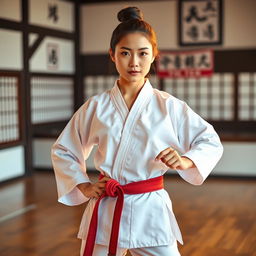 An oriental beautiful karate girl, dressed in a traditional white karate gi, complete with a colored belt representing her skill level