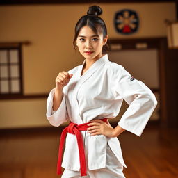 An oriental beautiful karate girl, dressed in a traditional white karate gi, complete with a colored belt representing her skill level