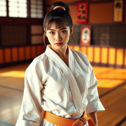 An oriental beautiful karate girl, dressed in a traditional white karate gi, complete with a colored belt representing her skill level