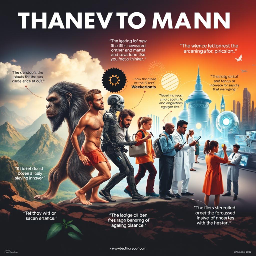 A visually striking poster showcasing the evolution of man from Neanderthal to modern scientific innovator