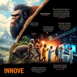 A visually striking poster showcasing the evolution of man from Neanderthal to modern scientific innovator