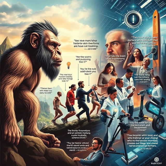 A visually striking poster showcasing the evolution of man from Neanderthal to modern scientific innovator