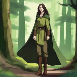 A high-quality digital art image showcasing a young female druid with long, slightly curly dark brown hair and green-brown eyes