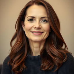 A woman aged between 30 and 45 years, with rich chestnut brown hair, displaying distinct European features