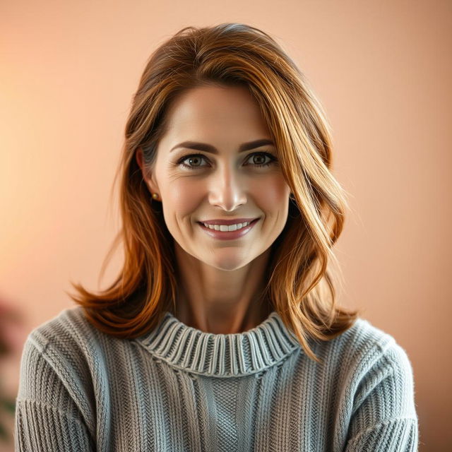 A woman aged between 30 and 45 years, with rich chestnut brown hair, displaying distinct European features