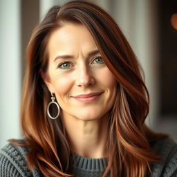 A woman aged between 30 and 45 years, with rich chestnut brown hair, displaying distinct European features