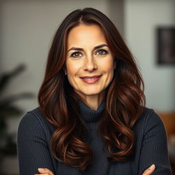 A woman aged between 30 and 45 years, with rich chestnut brown hair, displaying distinct European features