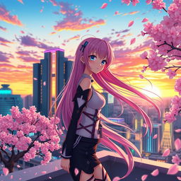 A stunning anime scene featuring a vibrant cityscape at sunset, with cherry blossom trees in full bloom