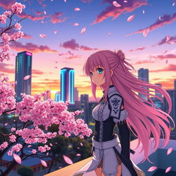 A stunning anime scene featuring a vibrant cityscape at sunset, with cherry blossom trees in full bloom