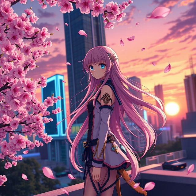 A stunning anime scene featuring a vibrant cityscape at sunset, with cherry blossom trees in full bloom