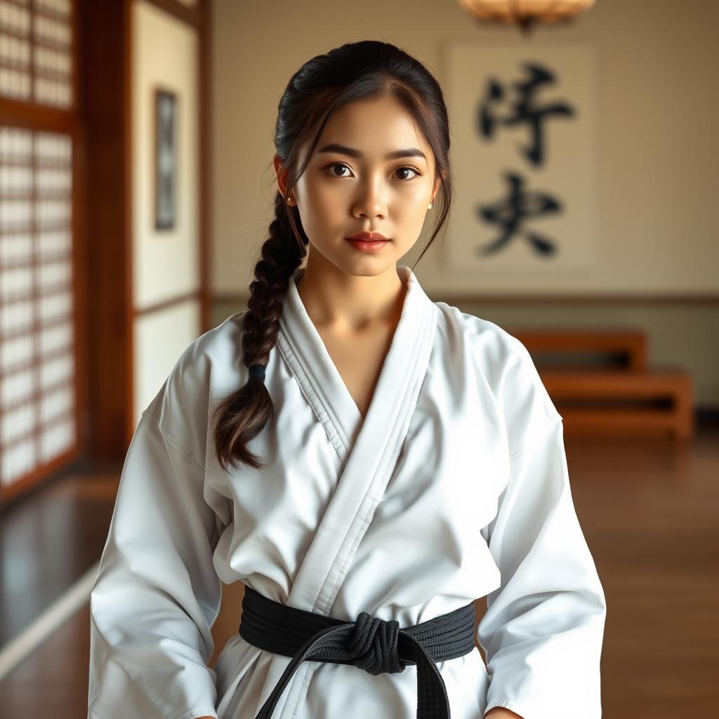 An oriental beautiful karate girl, proudly wearing a black belt, symbolizing her mastery and dedication to karate