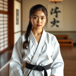 An oriental beautiful karate girl, proudly wearing a black belt, symbolizing her mastery and dedication to karate