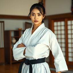 An oriental beautiful karate girl, proudly wearing a black belt, symbolizing her mastery and dedication to karate