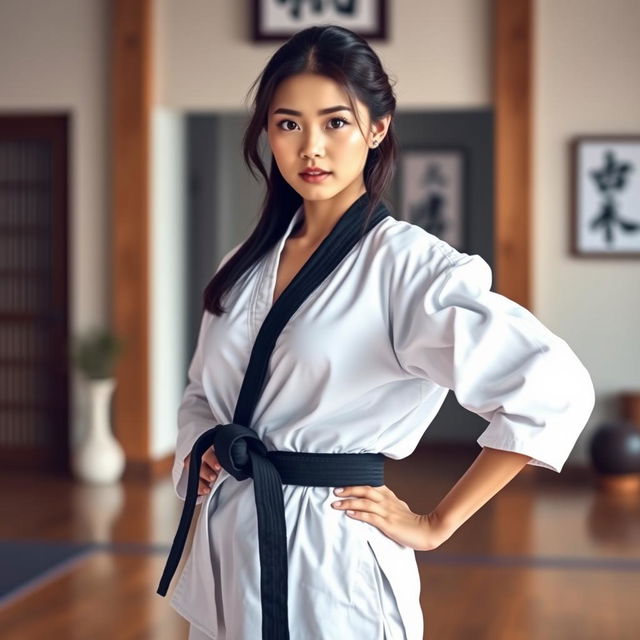 An oriental beautiful karate girl, proudly wearing a black belt, symbolizing her mastery and dedication to karate