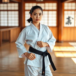An oriental beautiful karate girl, proudly wearing a black belt, symbolizing her mastery and dedication to karate