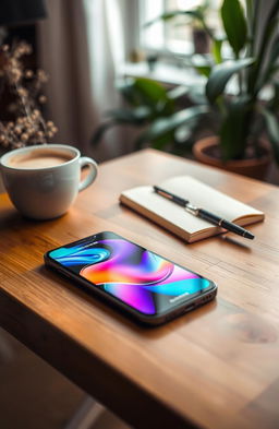 A sleek, modern smartphone lying on a wooden table, illuminated by soft natural light coming from a nearby window