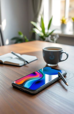 A sleek, modern smartphone lying on a wooden table, illuminated by soft natural light coming from a nearby window