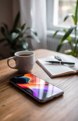 A sleek, modern smartphone lying on a wooden table, illuminated by soft natural light coming from a nearby window