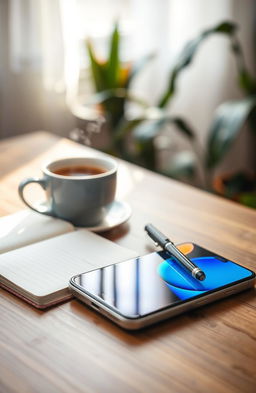 A sleek, modern smartphone lying on a wooden table, illuminated by soft natural light coming from a nearby window