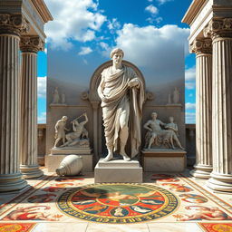 A vibrant and detailed representation of Roman art, showcasing a selection of classical sculptures and mosaics