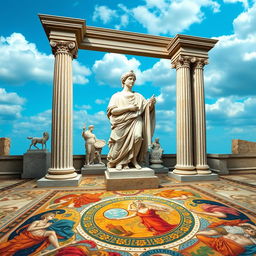 A vibrant and detailed representation of Roman art, showcasing a selection of classical sculptures and mosaics