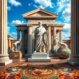 A vibrant and detailed representation of Roman art, showcasing a selection of classical sculptures and mosaics