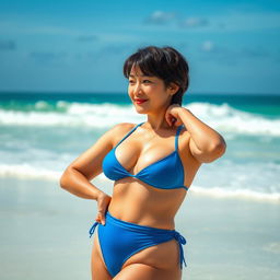A mature Japanese woman with short hair and prominent curves, confidently posing on a sunny beach with blue skies and soft white sand