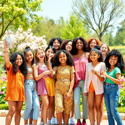 A vibrant and lively scene featuring ten diverse girls of different ethnicities, each showcasing their unique styles and personalities