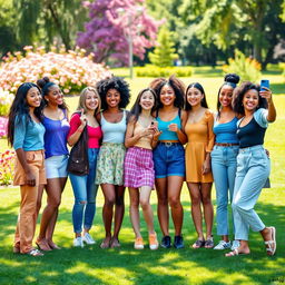 A vibrant and lively scene featuring ten diverse girls of different ethnicities, each showcasing their unique styles and personalities
