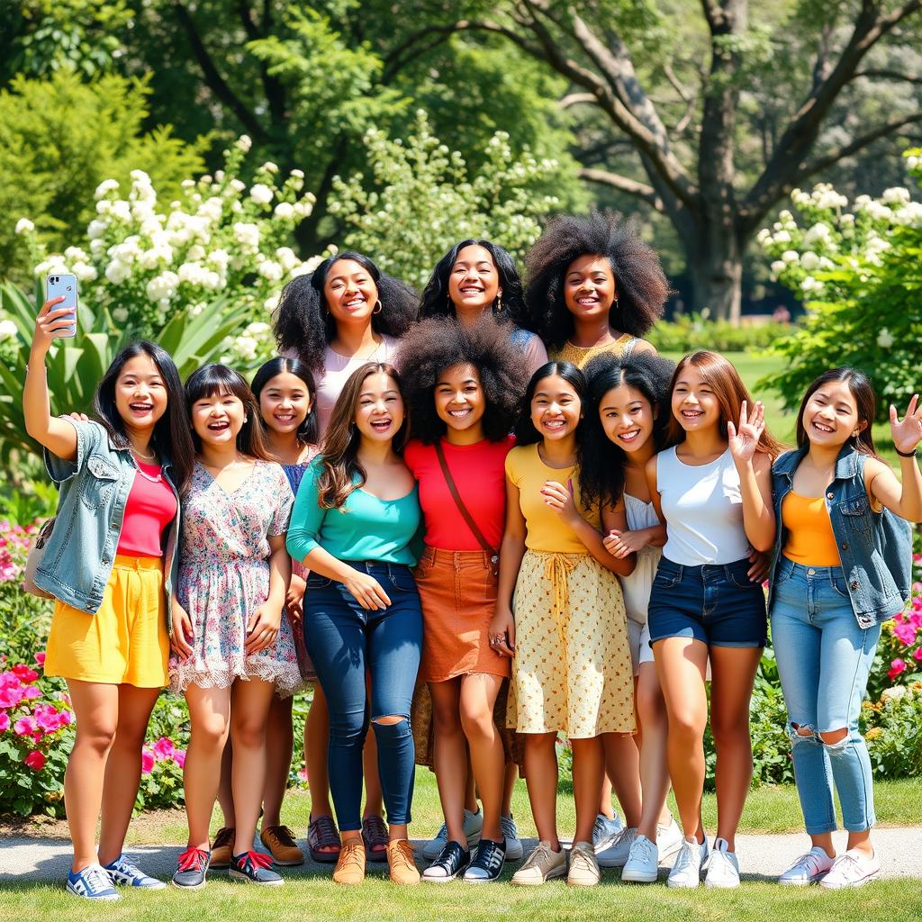 A vibrant and lively scene featuring ten diverse girls of different ethnicities, each showcasing their unique styles and personalities