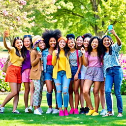 A vibrant and lively scene featuring ten diverse girls of different ethnicities, each showcasing their unique styles and personalities