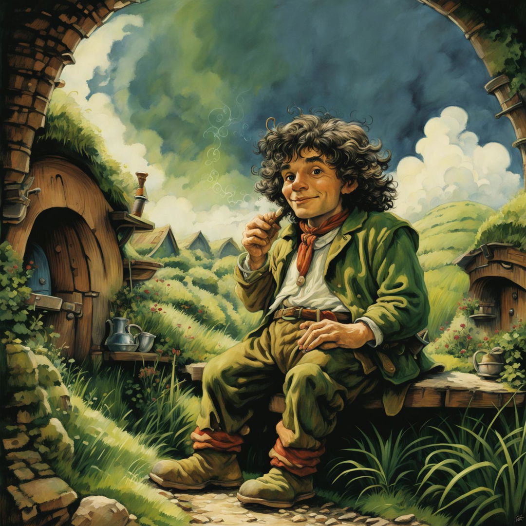 This digital art image depicts a Hobbit, with characteristic features like short stature, curly hair, and large, hairy feet, in a lush green landscape reminiscent of the Shire