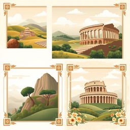 A collection of creative design ideas for Roman art backgrounds, featuring various elements inspired by ancient Roman culture