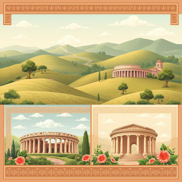 A collection of creative design ideas for Roman art backgrounds, featuring various elements inspired by ancient Roman culture