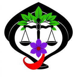 A logo design featuring a black justice scale, which symbolizes fairness and equality, adorned with vibrant green leaves that represent growth and harmony