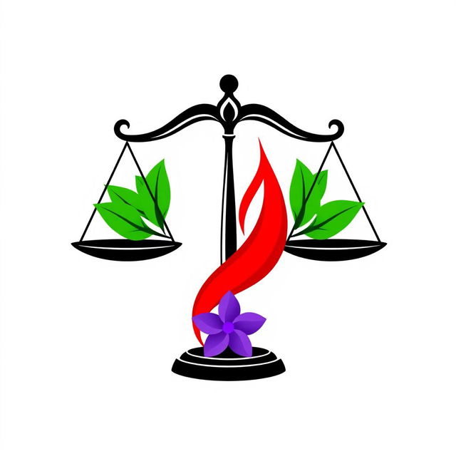 A logo design featuring a black justice scale, which symbolizes fairness and equality, adorned with vibrant green leaves that represent growth and harmony